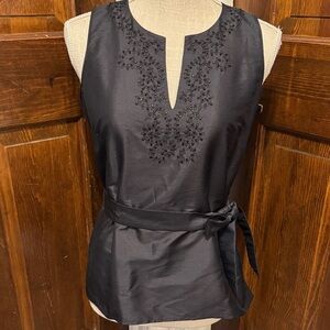 Talbots Elegant 100% Silk Navy Embellished Neckline Belted Blouse NWT